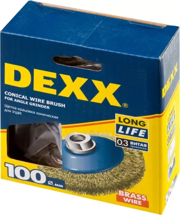 DEXX. Щетка коническая для УШМ, витая стальная латунированная проволока 0,3мм, 100ммхМ14 35105-100 купить в Нефтеюганске