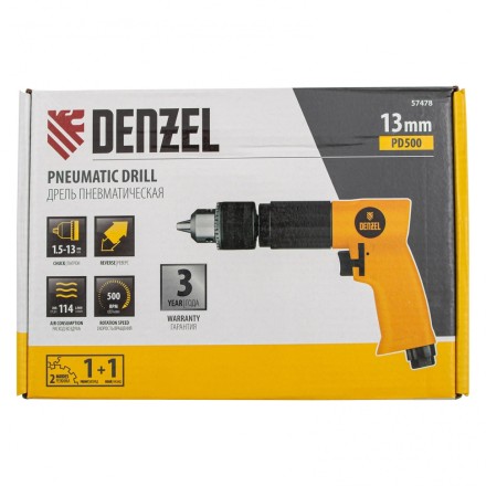Пневматическая дрель Denzel 57478 PD500, 500 об/мин, 114 л/мин, 13 мм купить в Нефтеюганске
