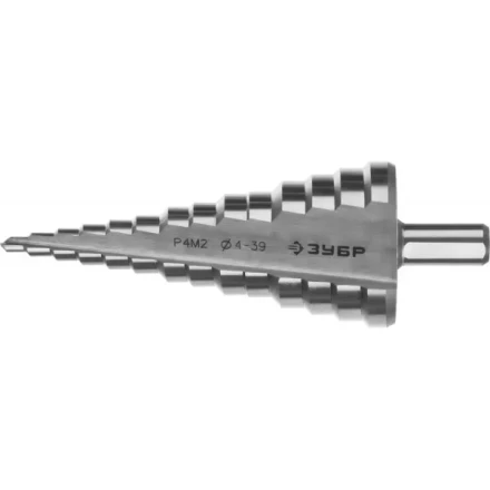 Сверло ЗУБР "МАСТЕР" ступенчатое по сталям и цвет.мет., быстрорежущая сталь, d=4-39мм,14ступ.d=4-39, L -113 мм, трехгран.хв. 10мм 29665-4-39-14 купить в Нефтеюганске