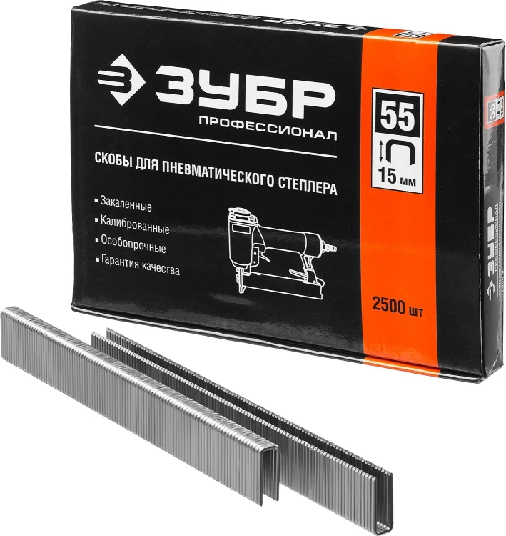 Скобы тип 55, 15 мм, особотвердые, ЗУБР "ПРОФЕССИОНАЛ" 31855-15, 2500 шт 31855-15 купить в Нефтеюганске