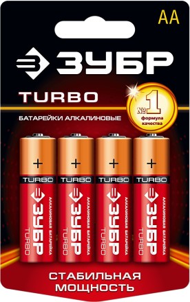 Батарейка Зубр &quot;TURBO&quot; щелочная (алкалиновая), тип AA, 1,5В, 4шт на карточке 59213-4C купить в Нефтеюганске