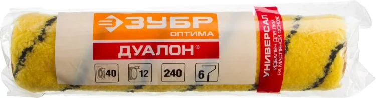 Ролик малярный сменный ЗУБР "ОПТИМА -ДУАЛОН", все виды ЛКМ, идеален для ЛКМ на масляной основе, для ровных поверхностей, полиэстр, ворс 12 мм, бюгель 6 мм, 40х240мм 02518-24 купить в Нефтеюганске