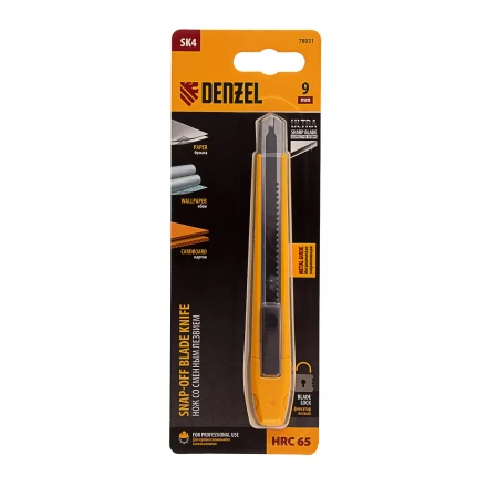 Нож, 9 мм, сменное лезвие, SK4, метал. направляющая, клипса, нажимной фиксатор// Denzel 78931 купить в Нефтеюганске