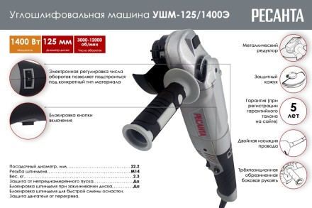 Углошлифовальная машина (болгарка) Ресанта УШМ-125/1400Э 75/12/5 купить в Нефтеюганске