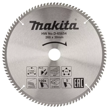 Диск пильный универсальный для алюминия/дерева/пластика Makita D-65654, 260x30x1.8 мм; 100 зубьев купить в Нефтеюганске
