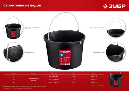 ЗУБР 16 л, ударопрочный пластик, с носиком, строительное ведро (06093-16) купить в Нефтеюганске
