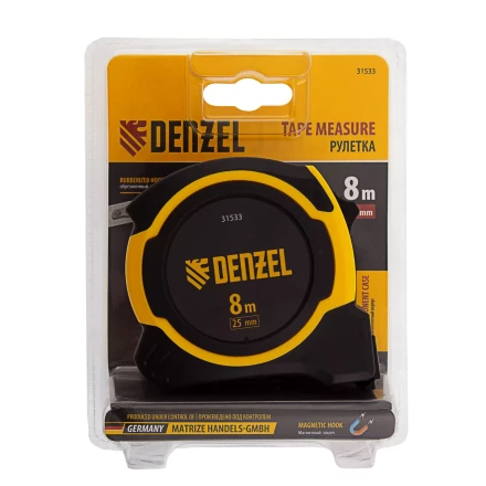 Рулетка Denzel 8м х 25мм, двухкомп. корпус, магнитный обрезиненный зацеп, 31533 купить в Нефтеюганске