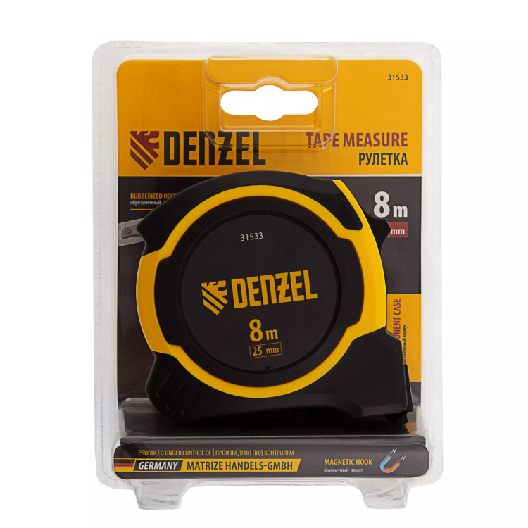 Рулетка Denzel 8м х 25мм, двухкомп. корпус, магнитный обрезиненный зацеп, 31533 купить в Нефтеюганске