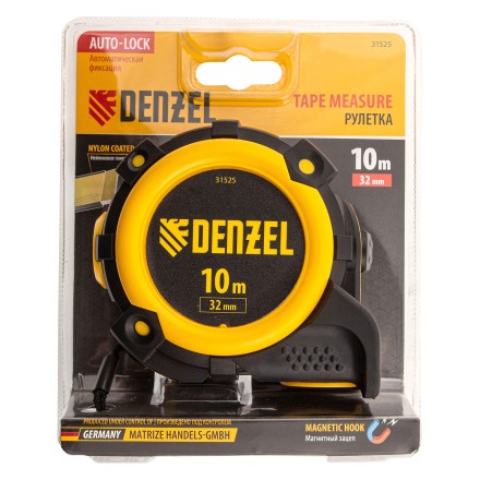 Рулетка Denzel 10м х 32мм, автоматич. фиксац., нейлон. покрытие, магнит. зацеп, двухстор. разметка, 31525 купить в Нефтеюганске