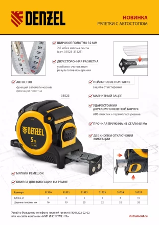 Рулетка Denzel 10м х 32мм, автоматич. фиксац., нейлон. покрытие, магнит. зацеп, двухстор. разметка, 31525 купить в Нефтеюганске