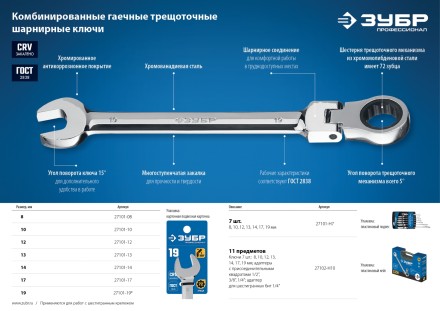 ЗУБР 12 мм, шарнирный трещоточный гаечный ключ, Профессионал (27101-12) купить в Нефтеюганске