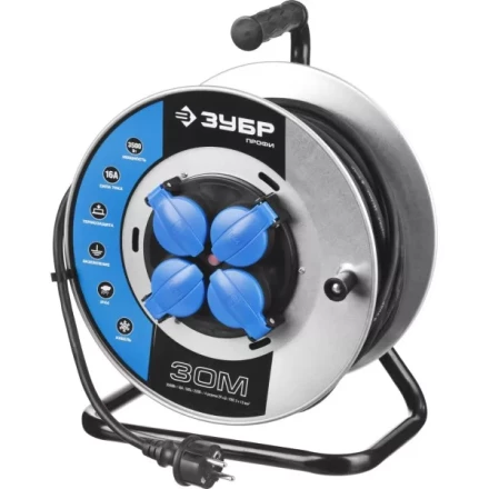 Удлинитель ЗУБР &quot;ПРОФИ&quot; на металл катушке, КГ 3х1,5кв мм, морозостойкий, 4 гнезда, IP44, макс мощность 3500Вт, 30м 55085-30 купить в Нефтеюганске