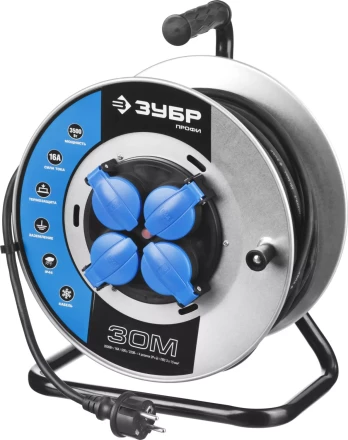 Удлинитель ЗУБР &quot;ПРОФИ&quot; на металл катушке, КГ 3х1,5кв мм, морозостойкий, 4 гнезда, IP44, макс мощность 3500Вт, 30м 55085-30 купить в Нефтеюганске