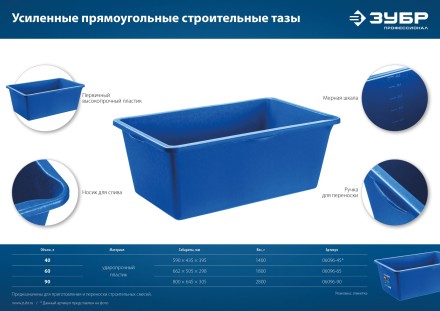 ЗУБР 60 л, первичный высокопрочный пластик, усиленный прямоугольный строительный таз (06096-65) купить в Нефтеюганске