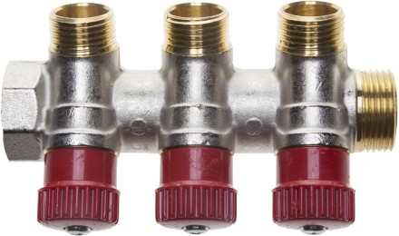 Коллектор GENERAL FITTINGS для горячей воды, вентили, никелированная латунь, вход 3/4&quot; - 3 выхода 1/2&quot; 51046-3/4-1/2-HT3 купить в Нефтеюганске