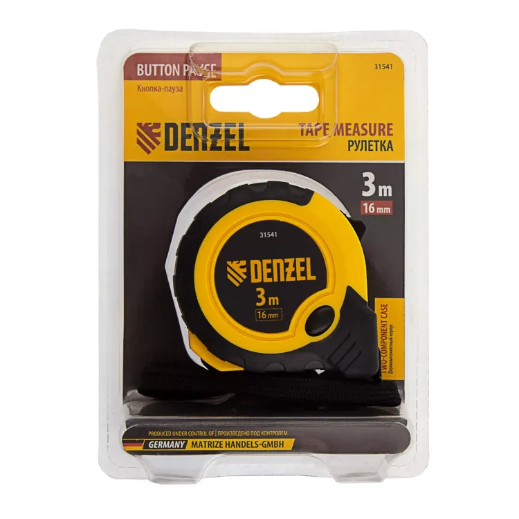 Рулетка Denzel 3м х 16мм, двухкомп. корпус, кнопка-пауза, 31541 купить в Нефтеюганске