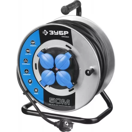 Удлинитель ЗУБР &quot;ПРОФИ&quot; на металл катушке, КГ 3х1,5кв мм, морозостойкий, 4 гнезда, IP44, макс мощность 3500Вт, 50м 55085-50 купить в Нефтеюганске