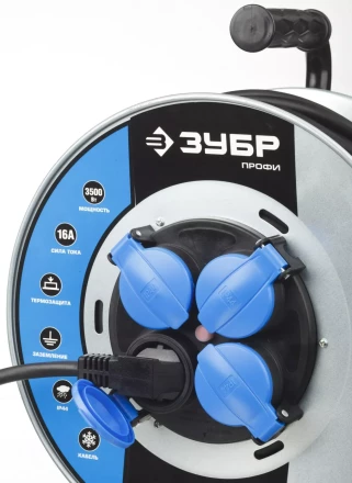 Удлинитель ЗУБР &quot;ПРОФИ&quot; на металл катушке, КГ 3х1,5кв мм, морозостойкий, 4 гнезда, IP44, макс мощность 3500Вт, 50м 55085-50 купить в Нефтеюганске
