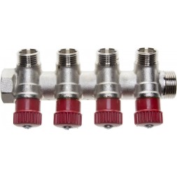 Коллектор GENERAL FITTINGS для горячей воды, вентили, никелированная латунь, вход 3/4&quot; - 4 выхода 1/2&quot; 51046-3/4-1/2-HT4