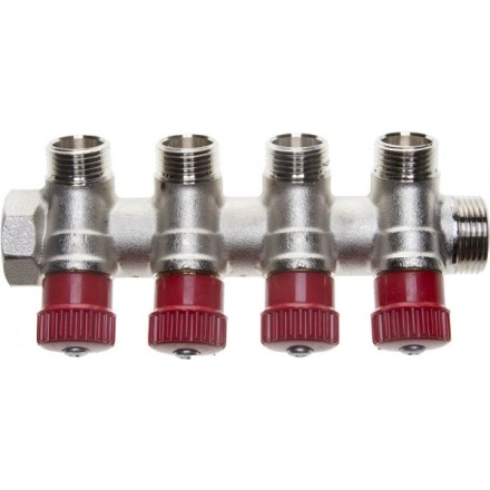 Коллектор GENERAL FITTINGS для горячей воды, вентили, никелированная латунь, вход 3/4&quot; - 4 выхода 1/2&quot; 51046-3/4-1/2-HT4 купить в Нефтеюганске