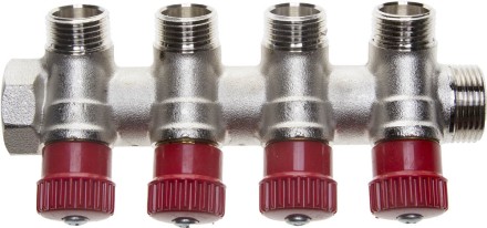 Коллектор GENERAL FITTINGS для горячей воды, вентили, никелированная латунь, вход 3/4&quot; - 4 выхода 1/2&quot; 51046-3/4-1/2-HT4 купить в Нефтеюганске