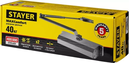 Доводчик дверной STAYER, для дверей массой до 40 кг, цвет серебро 37915-50 купить в Нефтеюганске