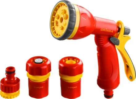 Набор GRINDA поливочный: Распылитель пистолетный 8 позиционный, соединитель 1/2&quot;, соединитель 1/2&quot; с автостопом, адаптер внешний 1/2&quot;-3/4&quot; 8-427383_z02 купить в Нефтеюганске