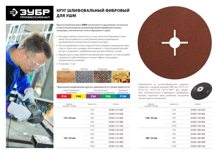 Круг шлифовальный ЗУБР "ПРОФИ" фибровый, для УШМ, P80, 150х22мм, 5 листов 35585-150-080 купить в Нефтеюганске