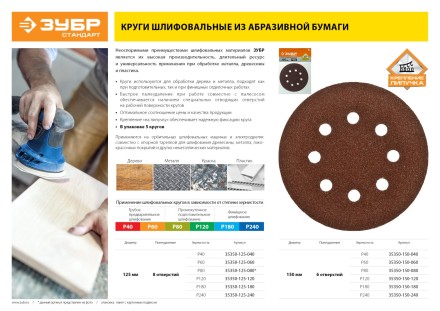 Круг шлифовальный ЗУБР &quot;СТАНДАРТ&quot; из абразивной бумаги на велкро основе, 8 отв., Р180, 125мм, 5шт 35350-125-180 купить в Нефтеюганске