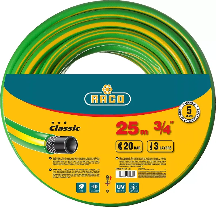 Шланг RACO CLASSIC поливочный, 20атм., армированный, 3-х слойный, 3/4"х25м 40306-3/4-25_z01 купить в Нефтеюганске