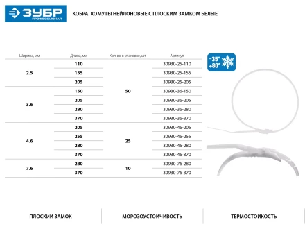 Кабельные стяжки белые КОБРА, с плоским замком, 4.6 х 370 мм, 25 шт, нейлоновые, ЗУБР 30930-46-370 купить в Нефтеюганске