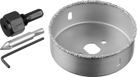 Коронка-чашка ЗУБР "ПРОФЕССИОНАЛ" c карбид-вольфрамовым нанесением, 89 мм, высота 25 мм, в сборе с державкой и сверлом 33360-089_z01 купить в Нефтеюганске