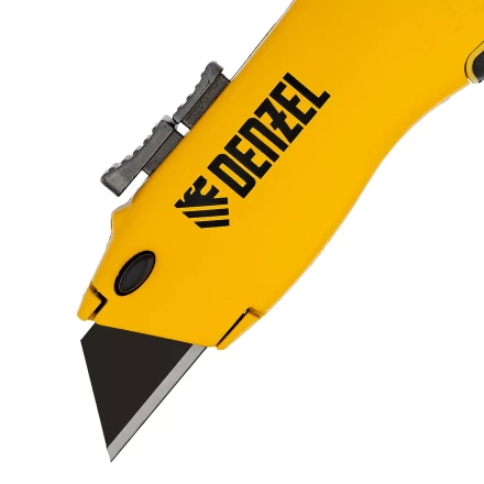 Нож Denzel, 19мм, сменное трапециевидное  лезвие, SK4, алюминиевый корпус, торцевой зажим купить в Нефтеюганске