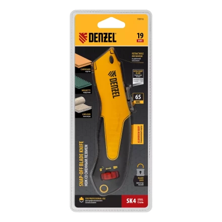 Нож Denzel, 19мм, сменное трапециевидное  лезвие, SK4, алюминиевый корпус, торцевой зажим купить в Нефтеюганске