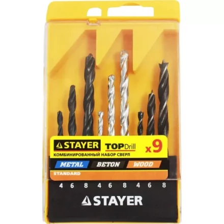 Набор STAYER &quot;STANDARD&quot;: Сверла комбинированные, дерево (4-6-8мм), металл (4-6-8мм), бетон (4-6-8мм), 9 предметов 29720-H9 купить в Нефтеюганске