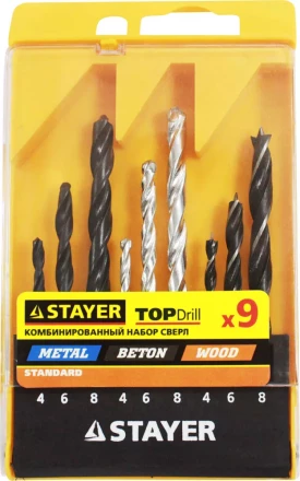 Набор STAYER &quot;STANDARD&quot;: Сверла комбинированные, дерево (4-6-8мм), металл (4-6-8мм), бетон (4-6-8мм), 9 предметов 29720-H9 купить в Нефтеюганске