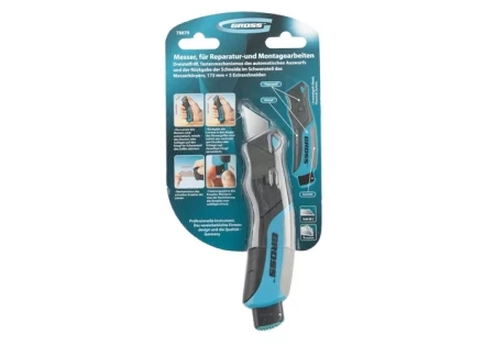 Нож ремонтно-монтажный, трехкомпонентная рукоятка, кнопочный авто выброс/возврат лезвия, 175 мм + 5 з.л GROSS 78879 купить в Нефтеюганске