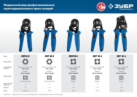 ЗУБР ПКМ-10-4, 0.25 - 10 мм2, с квадратным профилем, мультидиапазонные пресс-клещи, Профессионал (22695) купить в Нефтеюганске