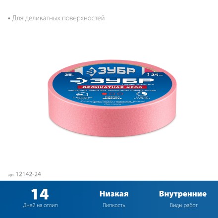 ЗУБР №200 24 мм х 25 м, для деликатных и недавно окрашенных поверхностей, малярная лента, Профессионал (12142-24) купить в Нефтеюганске