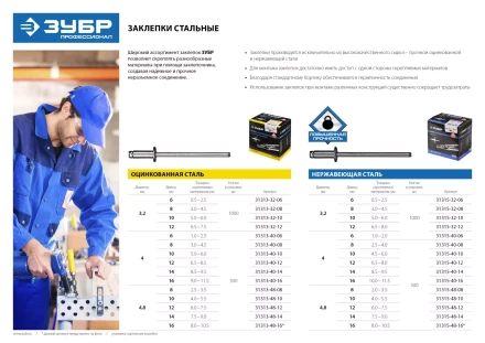 Заклепки ЗУБР стальные, 4,8x10мм, 500шт 31313-48-10 купить в Нефтеюганске