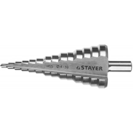 Сверло STAYER &quot;MASTER&quot; ступенчатое по сталям и цвет.мет., сталь HSS, d=4- 39мм,14ступ.d4-39,L -113 мм, трехгран.хв. 10мм 29660-4-39-14 купить в Нефтеюганске