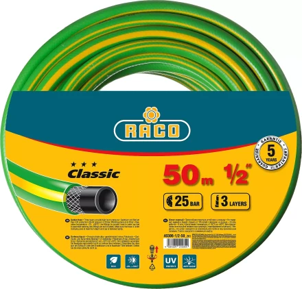 Шланг RACO CLASSIC поливочный, 25атм., армированный, 3-х слойный, 1/2&quot;х50м 40306-1/2-50_z01 купить в Нефтеюганске