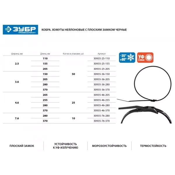 Кабельные стяжки черные КОБРА, с плоским замком, 3.6 х 205 мм, 50 шт, нейлоновые, ЗУБР 30935-36-205 купить в Нефтеюганске