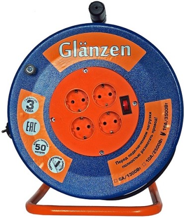 Удлинитель силовой на катушке GLANZEN 4 гн. КГ 3х1,5 ЕВ-50-009 купить в Нефтеюганске