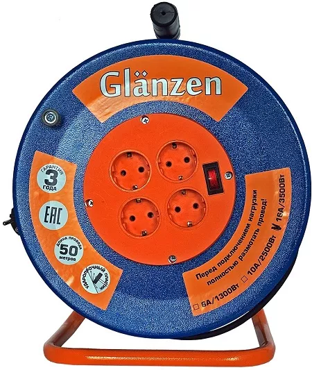 Удлинитель силовой на катушке GLANZEN 4 гн. КГ 3х1,5 ЕВ-50-009 купить в Нефтеюганске
