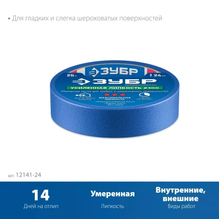 ЗУБР №100 24 мм х 25 м, для гладких и слегка шероховатых поверхностей, малярная лента, Профессионал (12141-24) купить в Нефтеюганске