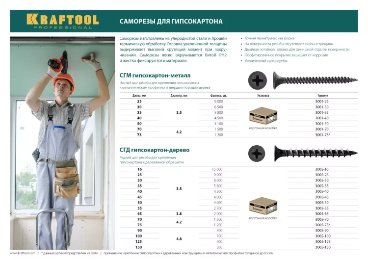 Саморезы СГД гипсокартон-дерево, 40 х 3.5 мм, 4 500 шт, фосфатированные, KRAFTOOL 3005-40 купить в Нефтеюганске