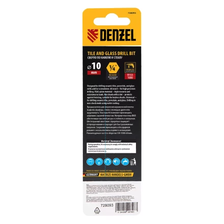 Сверло по керамической плитке Denzel 10 мм, крестовая пластина, шестигранный хвостовик, 728093 купить в Нефтеюганске