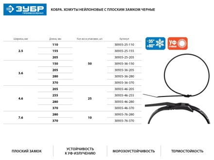Кабельные стяжки черные КОБРА, с плоским замком, 3.6 х 370 мм, 50 шт, нейлоновые, ЗУБР 30935-36-370 купить в Нефтеюганске