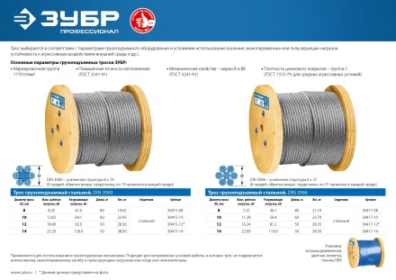 ЗУБР DIN 3060, свивка 6 х 19 + IWR, 10 мм, L 60 м, грузоподъемный стальной трос, Профессионал (30415-10) купить в Нефтеюганске
